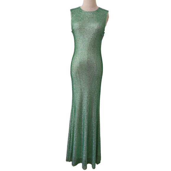 Self Portrait Mint Rhinestone Mesh Midi Dress US 2 - Picture 5 of 10